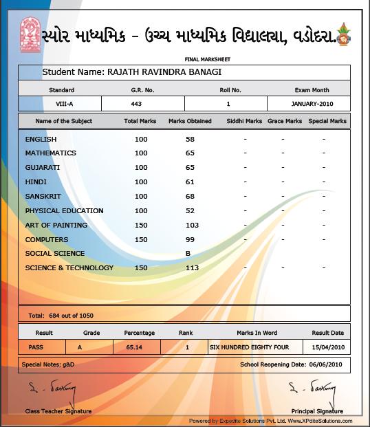 School Marksheet Format